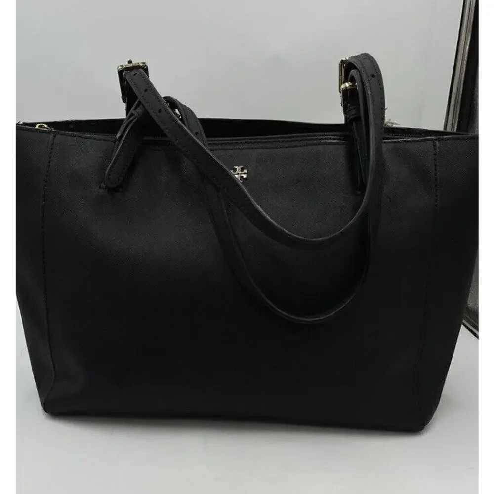 Tory Burch York Buckle Black Saffiano Leather Gold Tone Hardware Bucket Tote Bag
